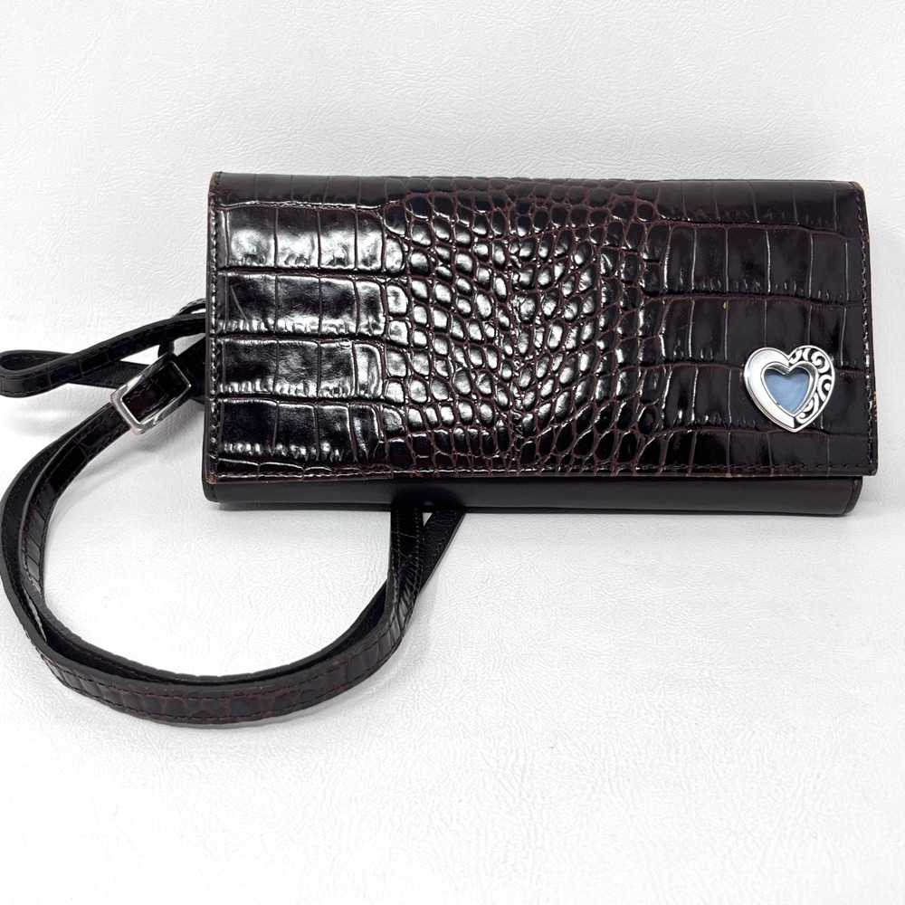 Brighton Dark Brown Croc‎ Embossed Leather Crossbody Wallet Heart Detail